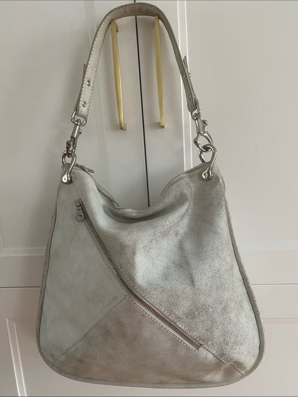 Christopher-kon-Montreal White Metallic distressed Shoulder Bag silver hardware
